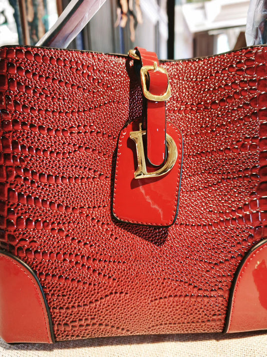 Elegant Red Croc-Embossed Top Bucket Bag