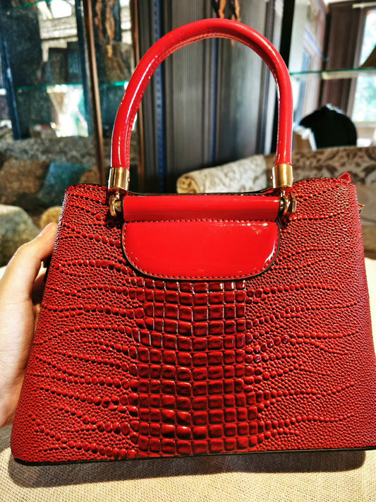 Red Crocodile Pattern Convertible Hand Bag