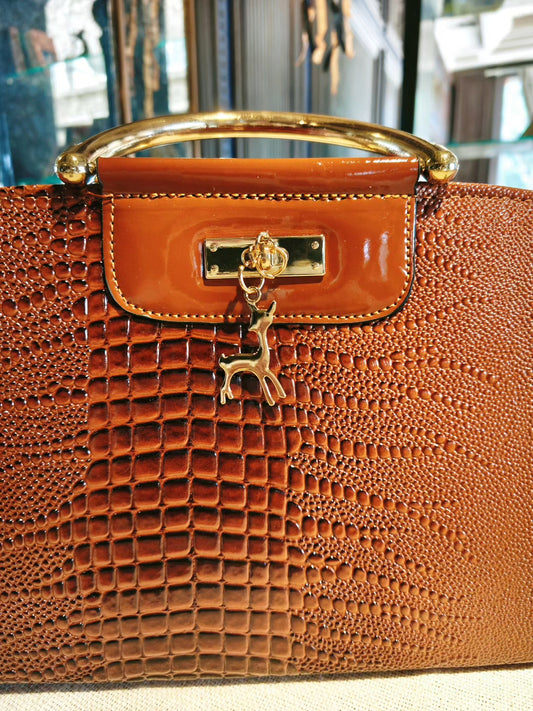 Brown Crocodile Pattern Boston Bag with Deer Charm