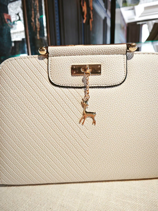Cream Boston Bag with Deer Charm