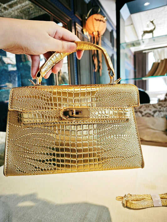 Golden Crocodile-Embossed Medium Kelly Bag