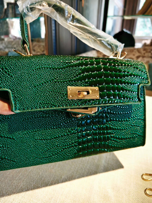 Merald Green Crocodile-Embossed Mini Kelly Style Handbag with Detachable Strap