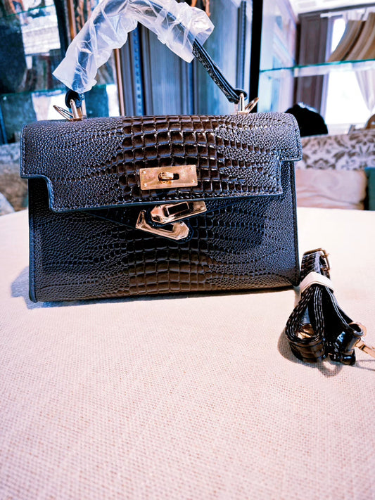 Navy Blue Crocodile-Embossed Mini Kelly Style Handbag with Detachable Strap