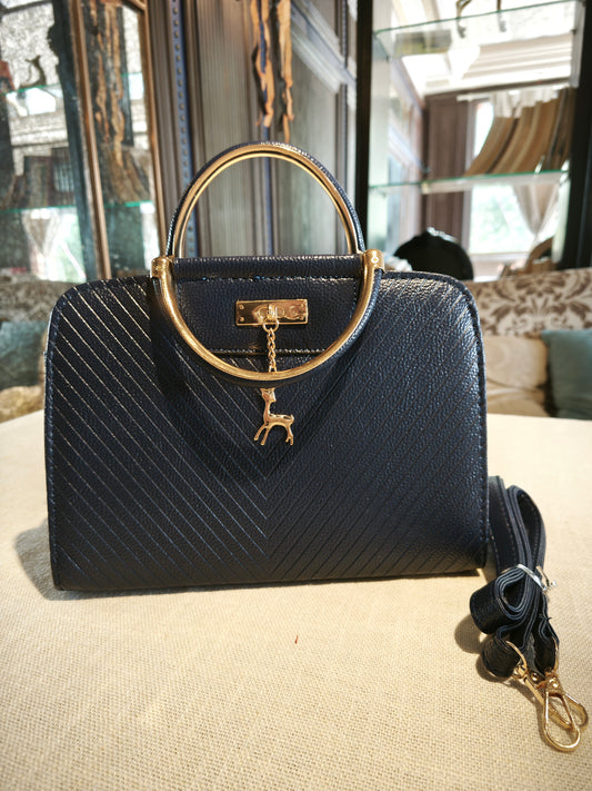 Navy Blue Textured Top-Handle Boston Bag with Golden Deer Charm and Detachable Strap