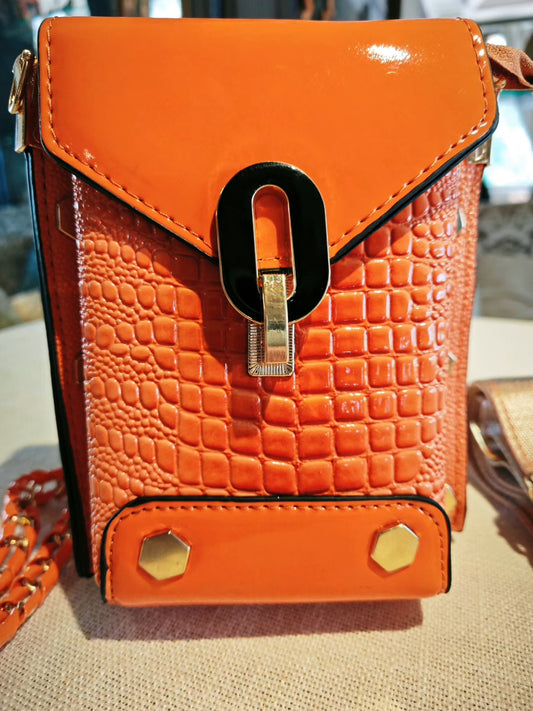 Orange Crocodile-Embossed Structured Mobile Phone Bag with Decorative Lock and Studs