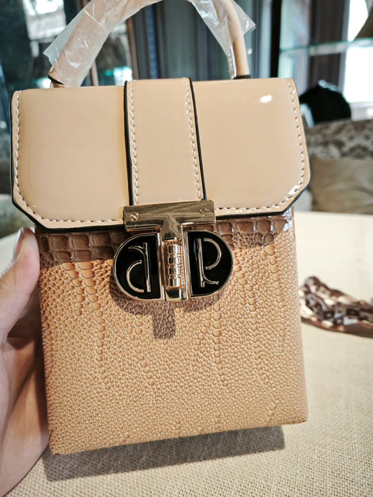 Beige Textured Structured Crossbody Bag with Decorative Lock