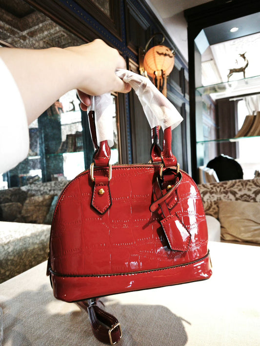 Red Crocodile-Embossed Dome Crossbody Bag with Detachable Strap