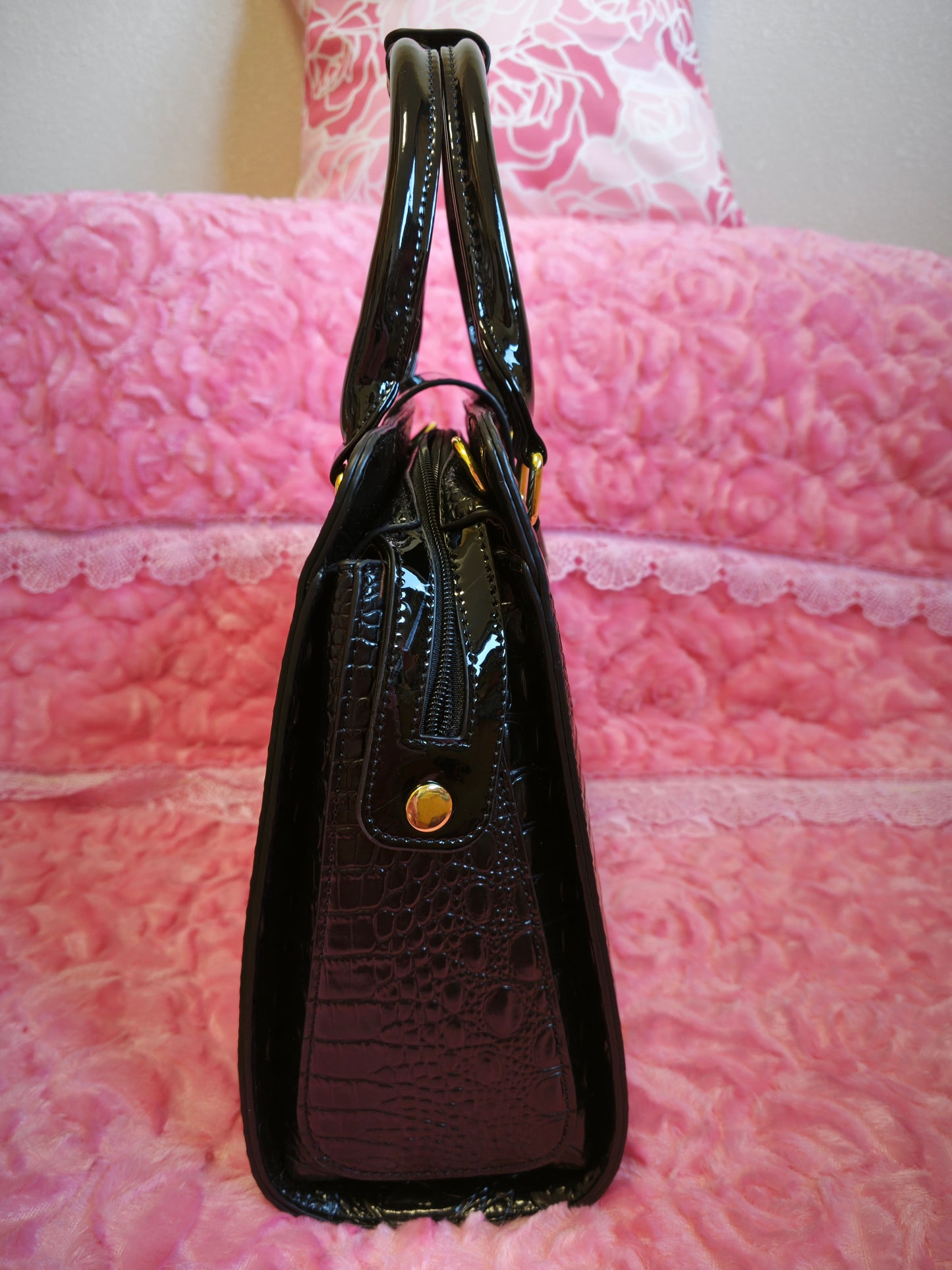 Glossy Black Croc Luxury Gilded Lock Bag
