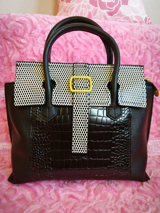 Black Contrast-Pattern Buckle Tote Bag
