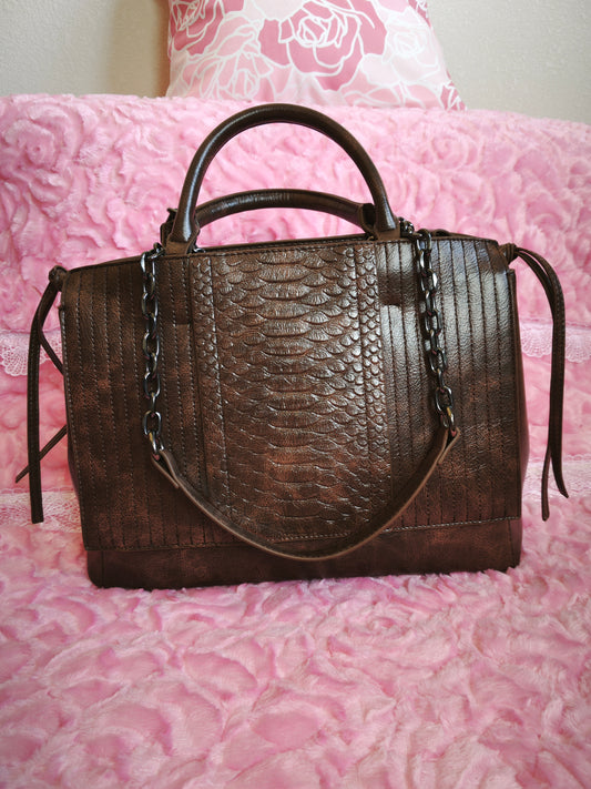 Dark Brown Crocodile-Print Chain Tote Bag