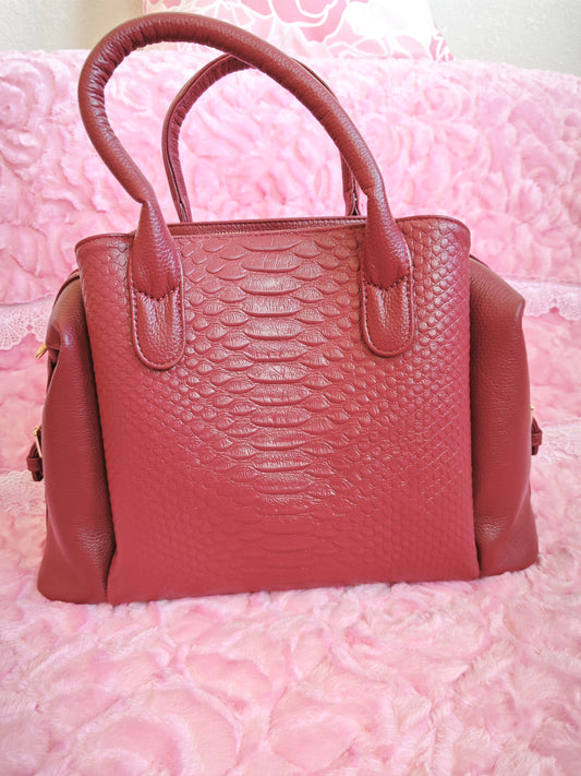 Burgundy Snake-Print Tote Bag