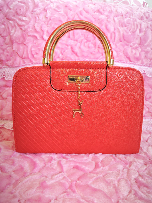 Vibrant Red Textured Mini Handbag with Gold Accents