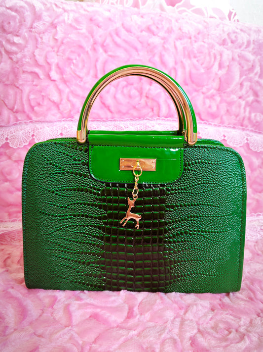 Dark Green Crocodile-Print Mini Handbag with Gold Accents