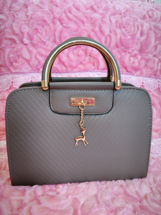 Ash Gray Textured Mini Handbag with Gold Accents