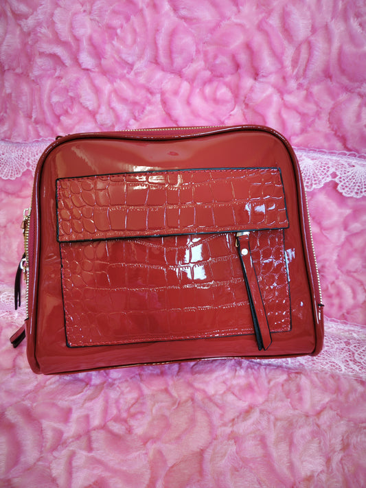 Burgundy Patent Crocodile-Print Mini Handbag