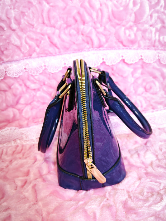 Navy Patent Crocodile-Print Half-Moon Mini Handbag