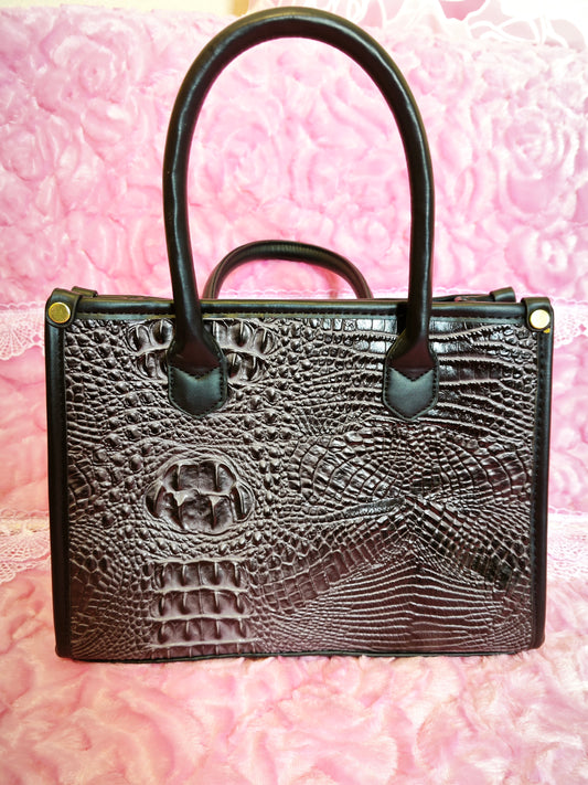 Black Gradient Crocodile-Print Contrast Handbag