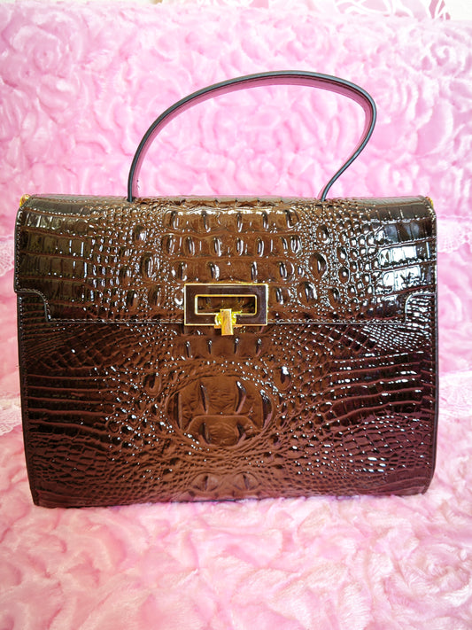 Dark Brown Patent Crocodile-Print Handbag with Metal Lock
