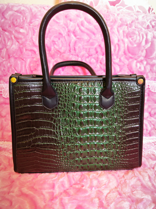 Dark Green Gradient Crocodile-Print Contrast Handbag