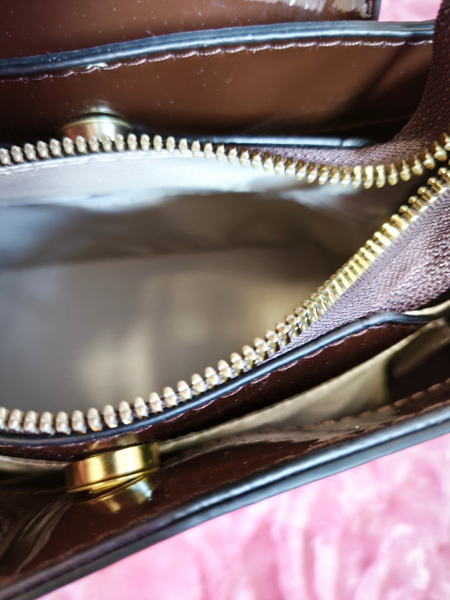 Dark Brown Patent Crocodile-Print Handbag with Metal Round Buckle