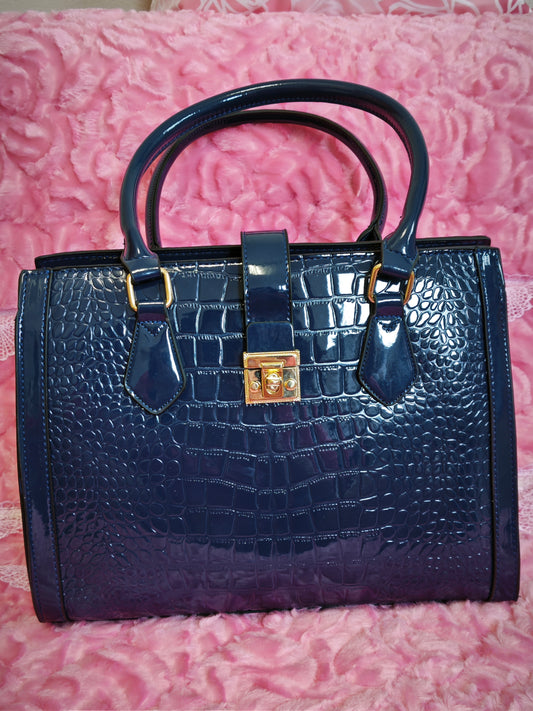 Navy Patent Crocodile 3-Piece Handbag