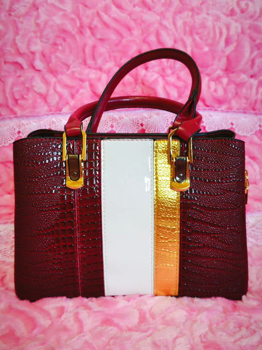 Burgundy & Gold-White Crocodile-Print 3-Piece Handbag