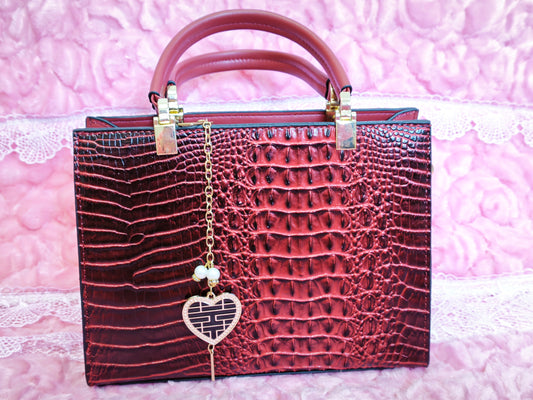 Burgundy Crocodile-Print 3-Piece Handbag with Pendant