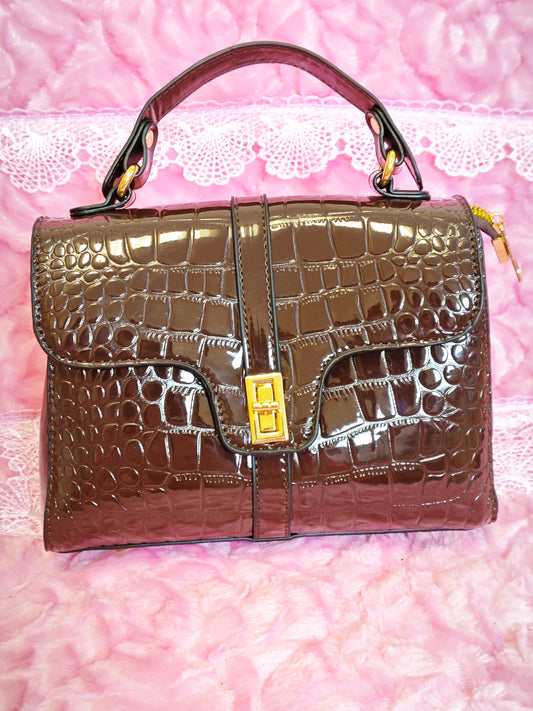 Dark Brown Patent Crocodile Handbag
