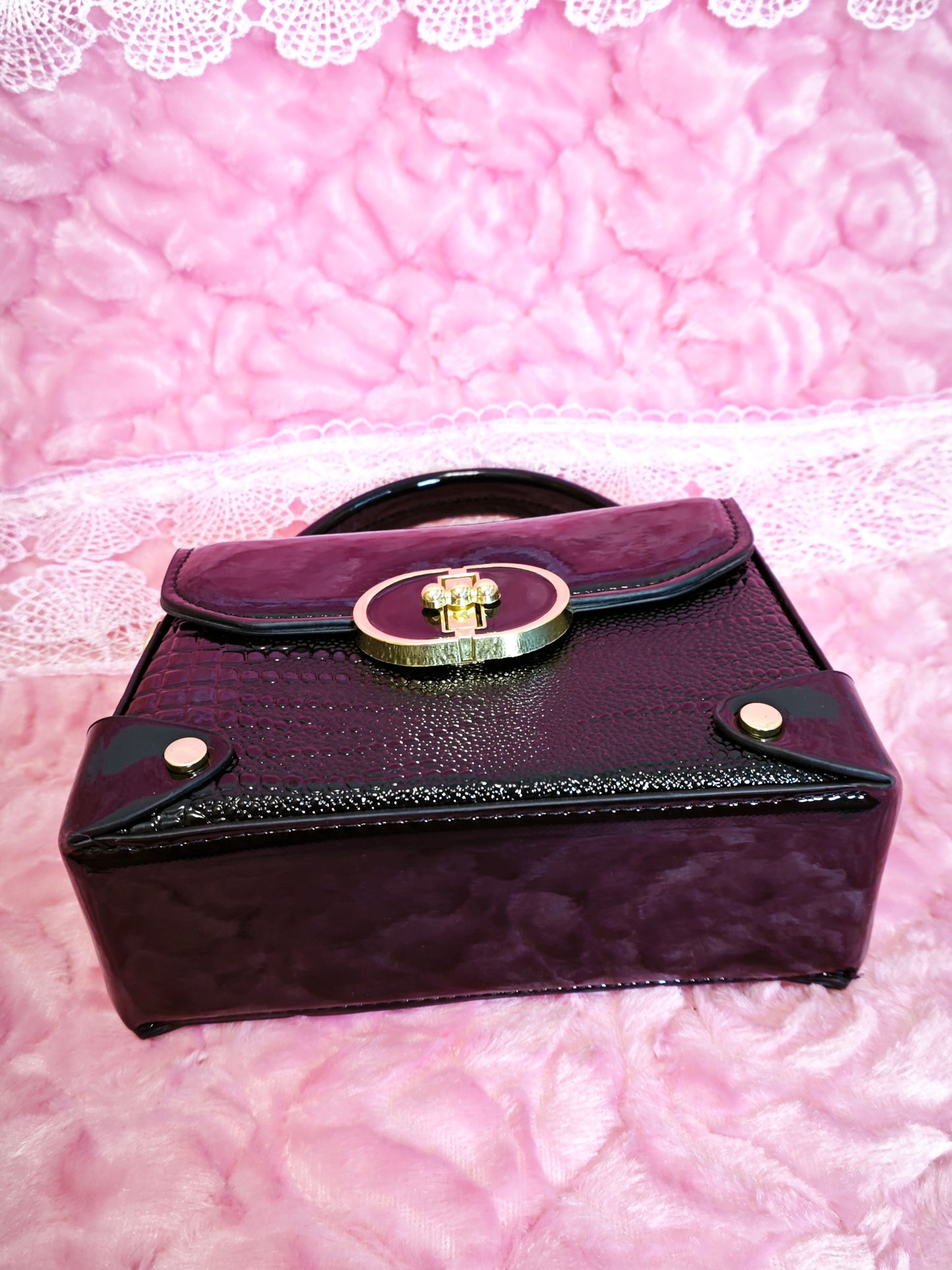 Black Handbag with Diamond-Embellished Crocodile Print