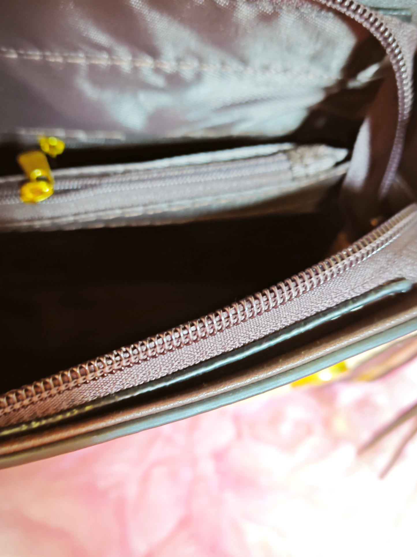 Beige Grid-Patterned Handbag with Brown Accents