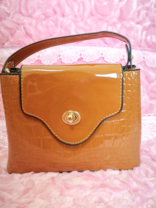 Caramel Patent Crocodile-Print Handbag