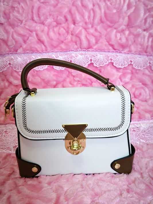 White & Brown Contrast-Stitched Handbag