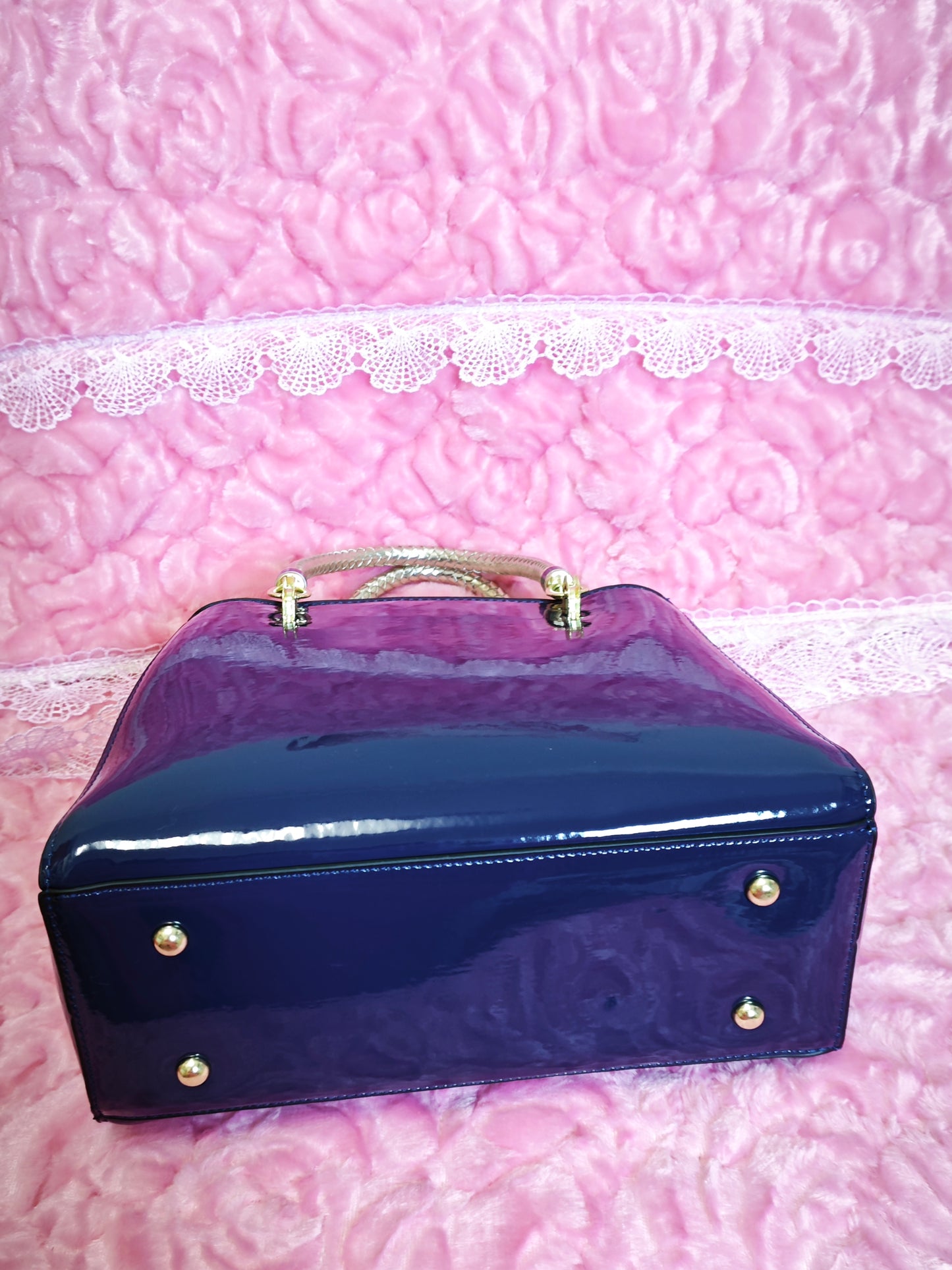 Navy Blue Patent Handbag with Braided Handles