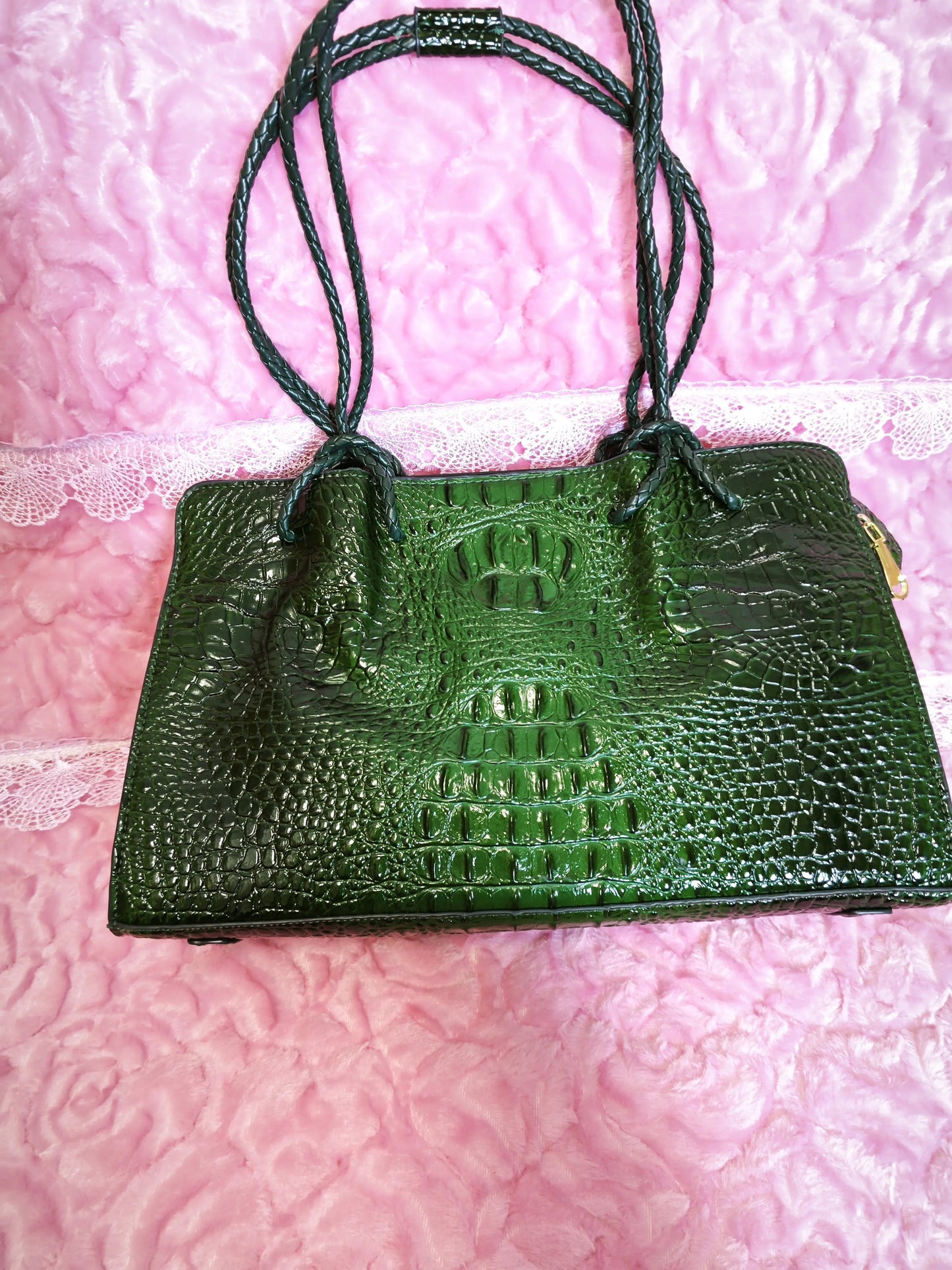 Dark Green Crocodile Embossed Braided Tote Bag (M179)