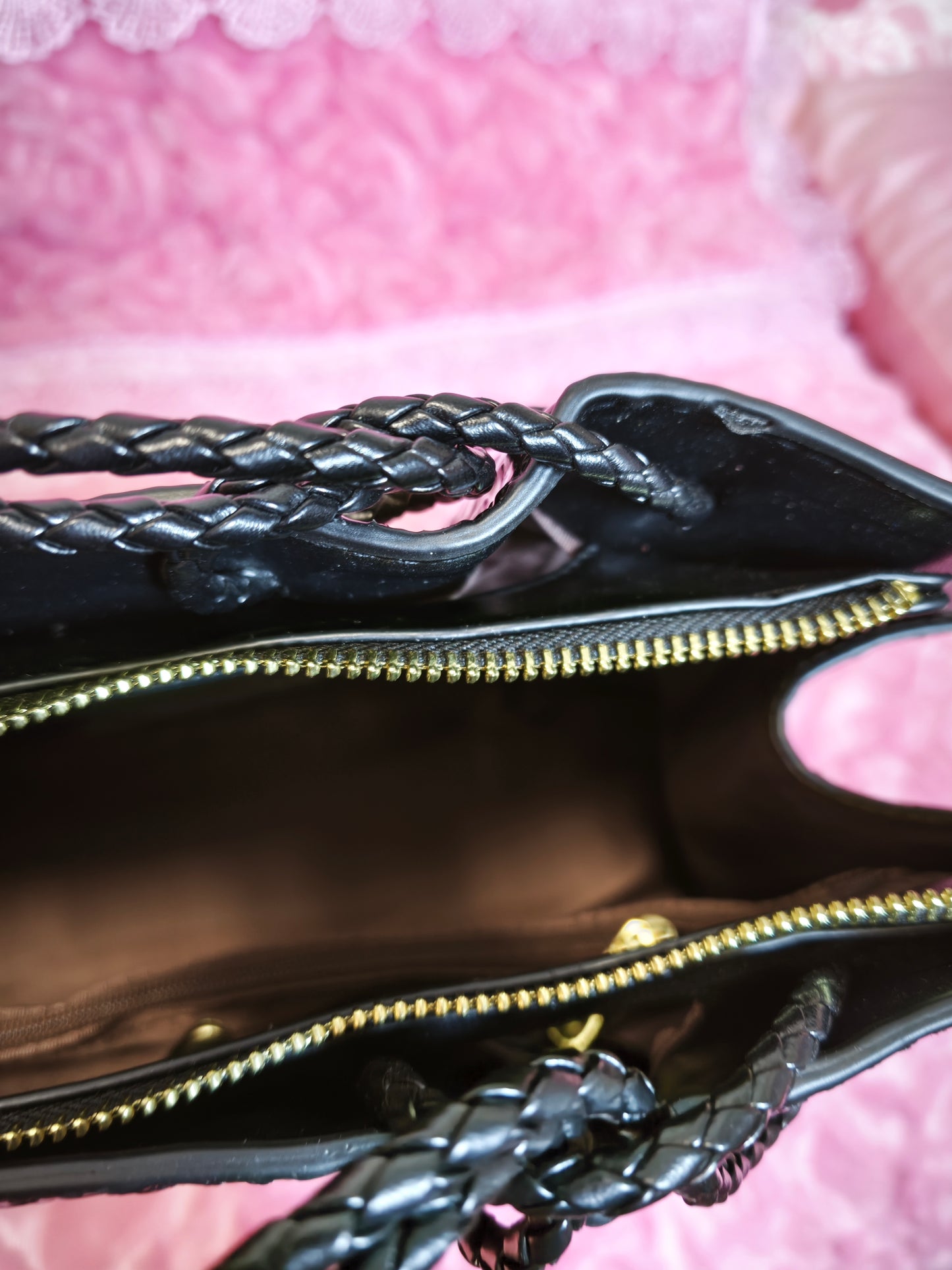 Black Patent 3D Crocodile-Print Handbag with Braided Handles