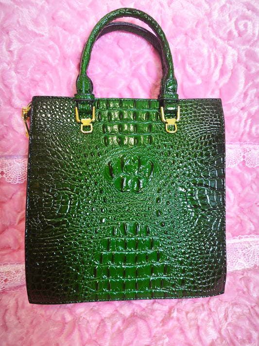 Dark Green Gradient 3D Crocodile-Print Handbag with Gold Chain