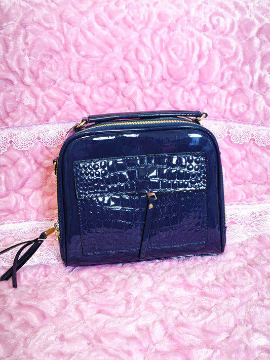 Navy Patent Crocodile-Print Handbag
