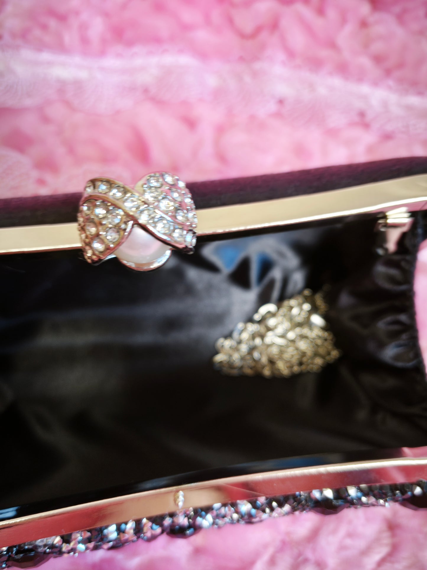 Black Crystal & Pearl-Clasp Evening Clutch
