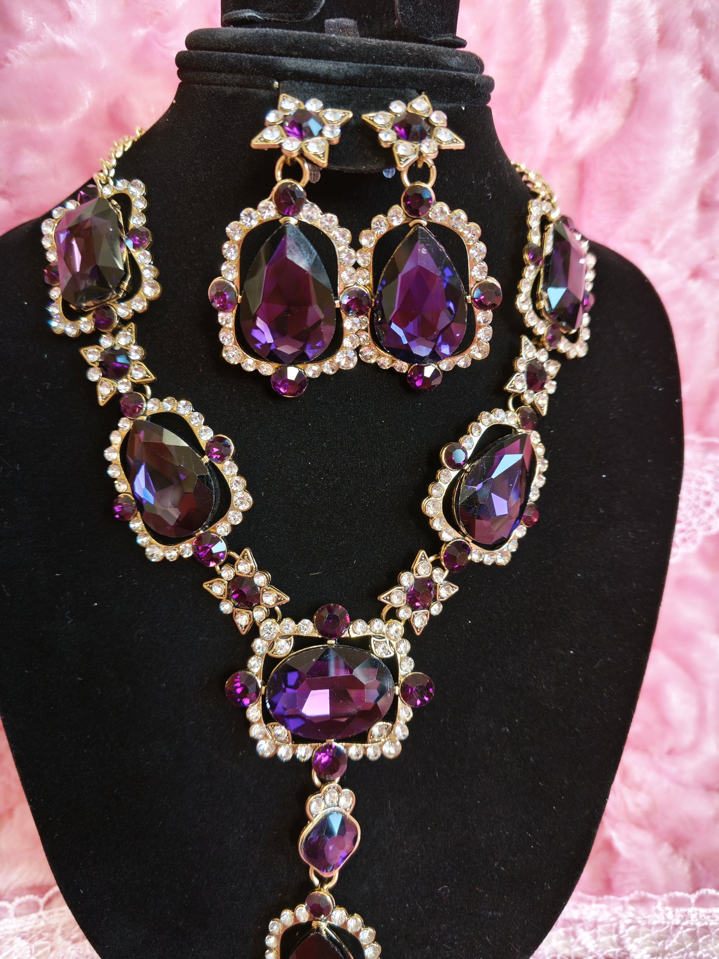 Gold-Plated Amethyst Star Crystal Necklace & Earring Set