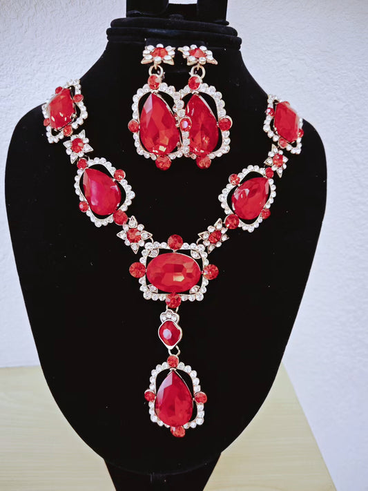 Gold-Plated Red Crystal Star Diamond Tassel Necklace & Earring Set