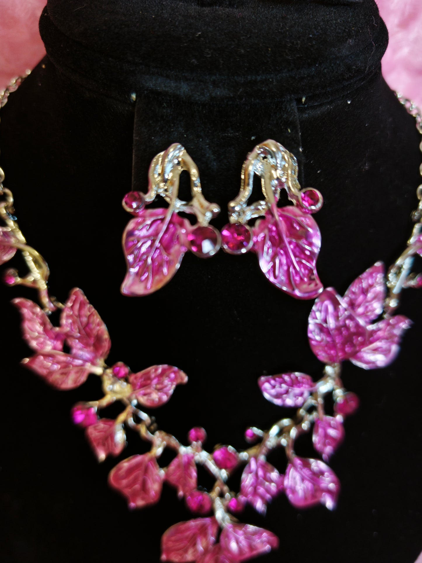 Gilded Pink Leaf Vine Statement Necklace & Earring Set