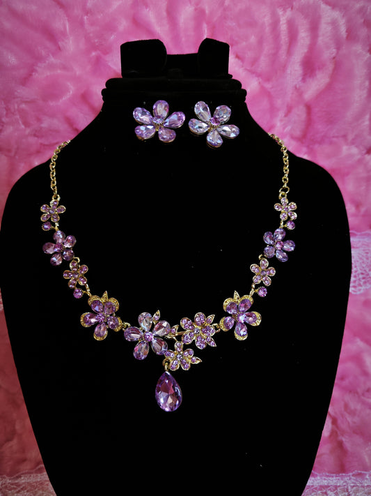 Lavender Crystal Floral Cluster Necklace & Earring Set