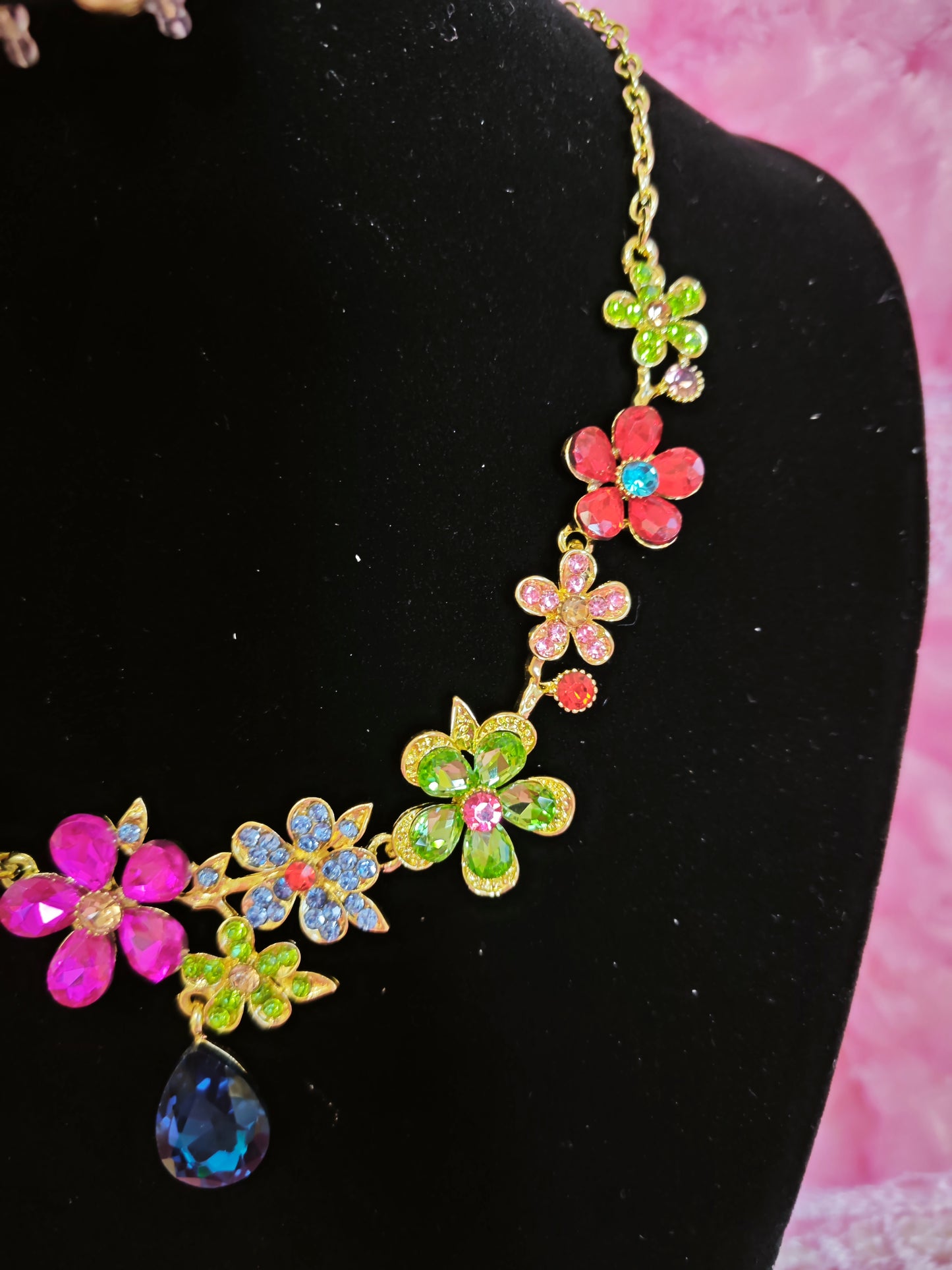 Gold-Plated Multicolor Flower & Teardrop Gem Jewelry Set