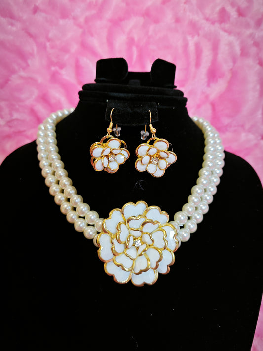 Dual-Strand Pearl & Enamel Flower Necklace & Earring Set