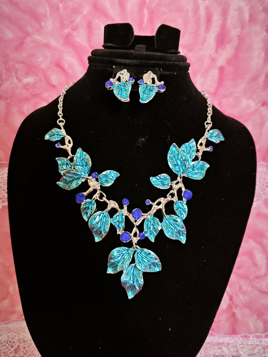 Silver-Tone Aqua Leaf & Blue Crystal Necklace & Earring Set