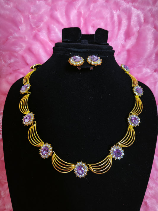 Golden Ribbon & Purple Gem Cluster Necklace & Earring Set