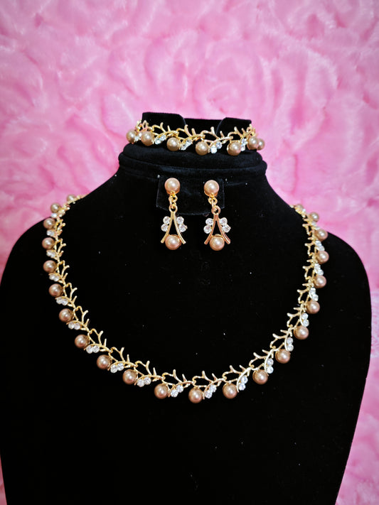 Champagne Pearl & Gilded Twig Necklace & Earring Set
