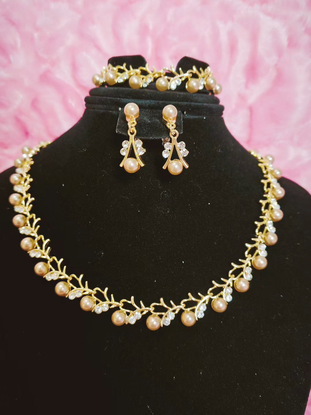 Champagne Pearl & Gilded Twig Necklace & Earring Set