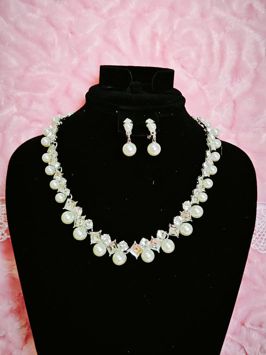 Silver-Tone Pearl & Baguette Crystal Necklace & Earring Set