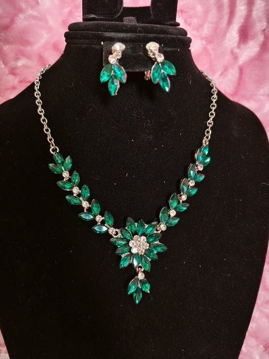 Silver-Tone Emerald Leaf Cluster Necklace & Earring Set